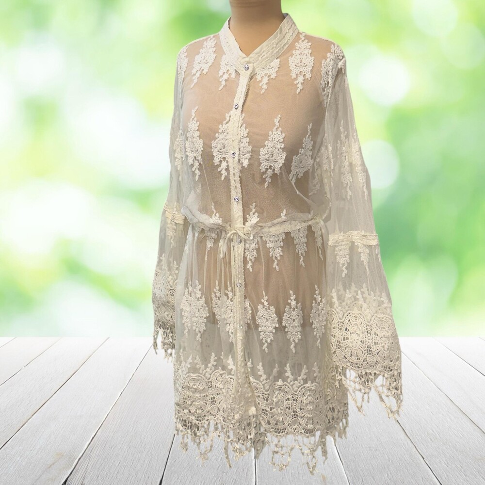 Crochet Lace Kimono Duster Button Front Sheer Mesh Bell Sleeve Boho Size L/XL